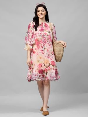 AAREIN Women Pink Floral Printed A-Line Dress