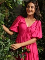 anayna Women Checked Cotton Fit & Flare Maxi Dresses