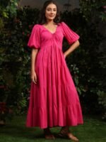 anayna Women Checked Cotton Fit & Flare Maxi Dresses