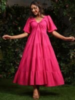 anayna Women Checked Cotton Fit & Flare Maxi Dresses