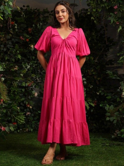 anayna Women Checked Cotton Fit & Flare Maxi Dresses