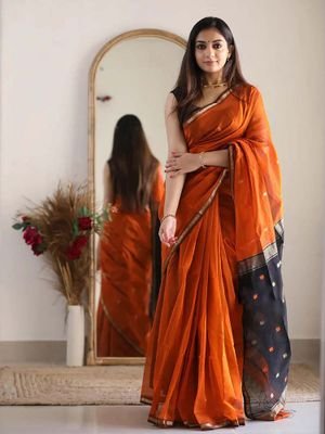 Anjaneya Sarees Orange Woven Designer Cotton Silk Kanjivaram Saree with Unstitched Blouse