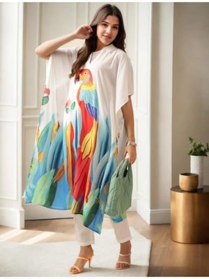 Gahan Cotton Blend Animal Printed White Kaftan Style Co-Ord (Set of 2)