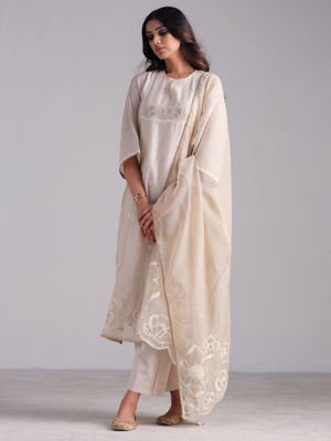 Ganga Fashions Fog Beige Woven Kurta and Contrast Dupatta with Hand Work Detailing (Set of 3)