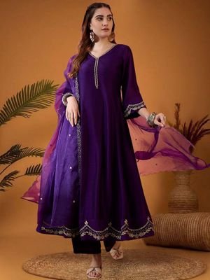 KVS FAB Women Purple Silk Blend Embroidered Kurta with Pant and Dupatta (Set of 3)