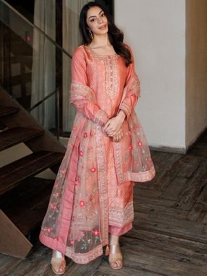 Libas Embroidered Peach Kurta and Pant with Dupatta (Set of 3)