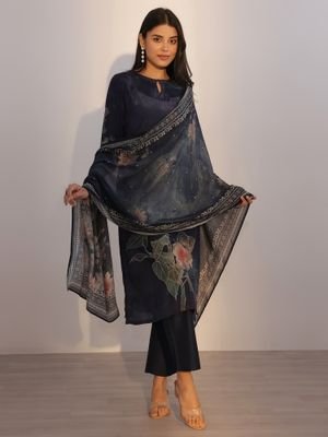Libas Navy Blue Floral Printed Straight Kurta with Pant and Dupatta (Set of 3)