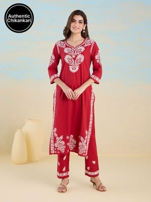 Likha Red Pure Cotton Authentic Chikankari Embroidery Straight Kurta & Pant LIKCKSKD03