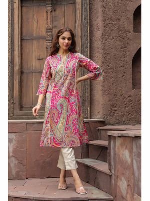 Rain & Rainbow Women Fuchsia Print Paisley Printed Straight Pure Cotton Kurta