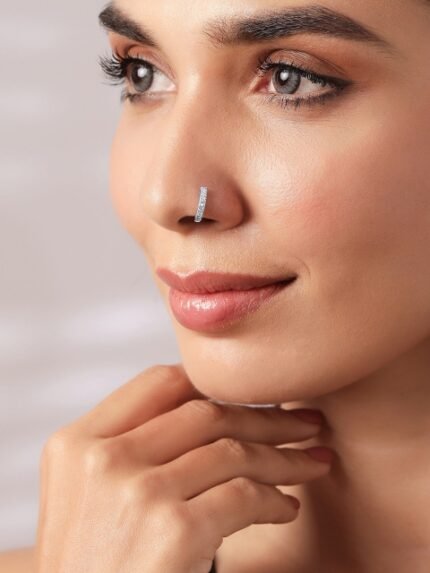 Rubans Silver-Plated White CZ- Stone Studded Handcrafted Nose Clip