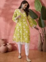 Sangria Black Floral Printed V-Neck Thread Work Pure Cotton Straight Kurta