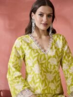 Sangria Black Floral Printed V-Neck Thread Work Pure Cotton Straight Kurta