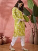 Sangria Black Floral Printed V-Neck Thread Work Pure Cotton Straight Kurta