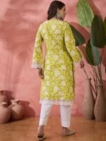 Sangria Black Floral Printed V-Neck Thread Work Pure Cotton Straight Kurta