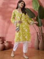 Sangria Black Floral Printed V-Neck Thread Work Pure Cotton Straight Kurta