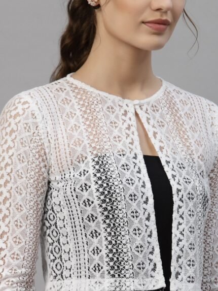 Style Quotient Women White Laced Cropped Shrug