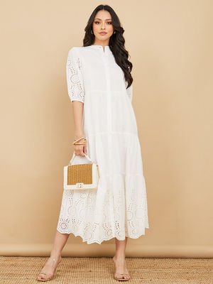 Styli Three Fourth Sleeve Schiffli Shirt Midi Dress