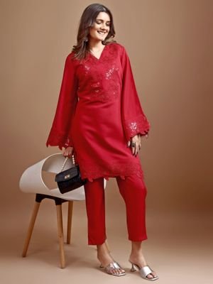 Tikhi Imli Red Silk Blend Heavy Sequence Work Co-Ord (Set of 2)