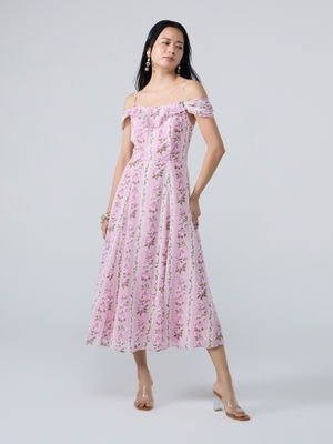Twenty Dresses by Nykaa Fashion Multicolor Floral Off Shoulder Fit and Flare Midi Dress