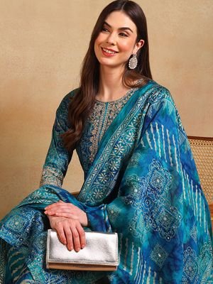 Vaamsi Teal Silk Blend Ethnic Motifs Printed Straight Kurta Pants with Dupatta (Set of 3)