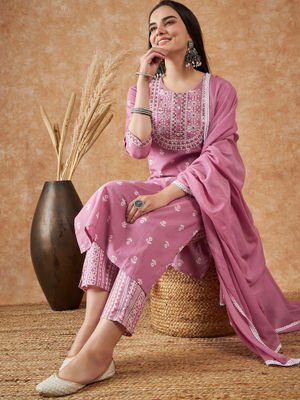 Vastramyaa Women Pink Floral Cotton Kurta with Trouser & Dupatta (Set of 3)