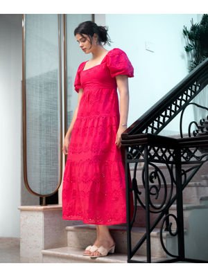 Veeralda Pink Self Design Square Neck Tier Midi Dress