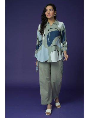 Zari Jaipur Womens Grey Print Co Ord with Belt (Set of 3)